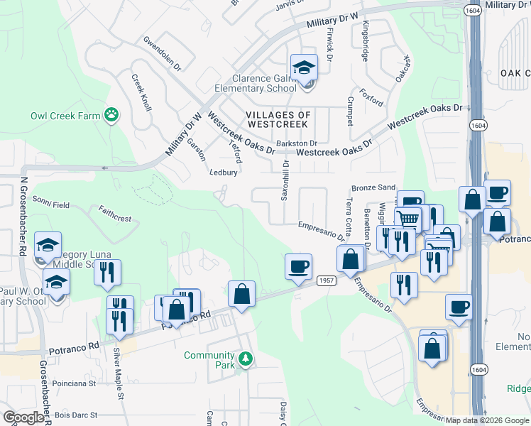 map of restaurants, bars, coffee shops, grocery stores, and more near 11710 Ripplewood in San Antonio