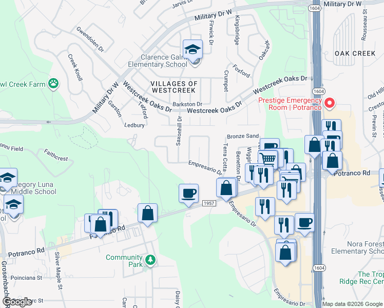 map of restaurants, bars, coffee shops, grocery stores, and more near 416 Irongate Ridge in San Antonio
