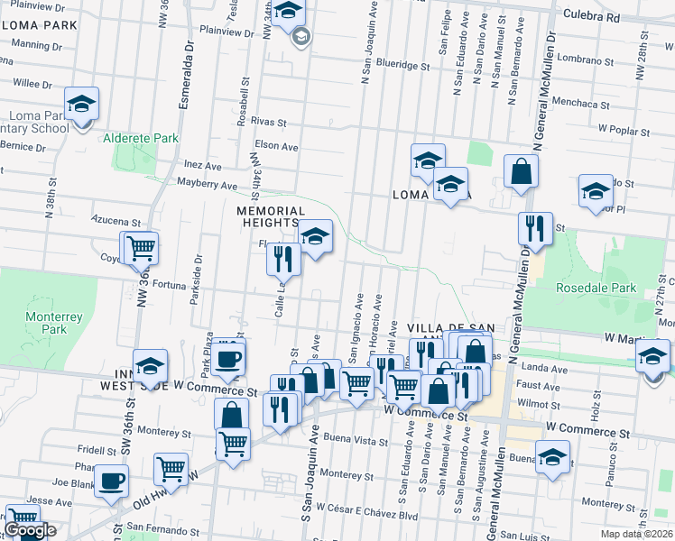 map of restaurants, bars, coffee shops, grocery stores, and more near 301 North San Joaquin Avenue in San Antonio