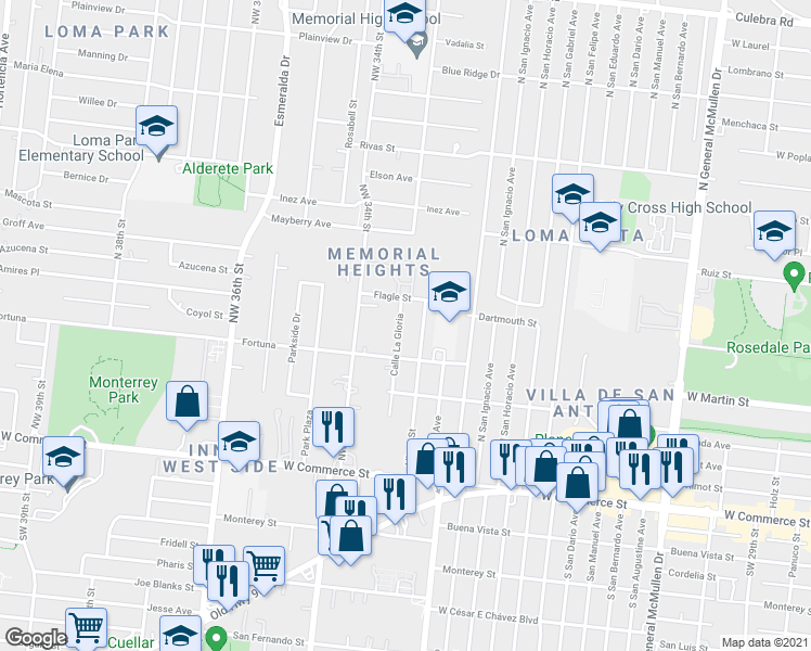 map of restaurants, bars, coffee shops, grocery stores, and more near 330 La Gloria St in San Antonio