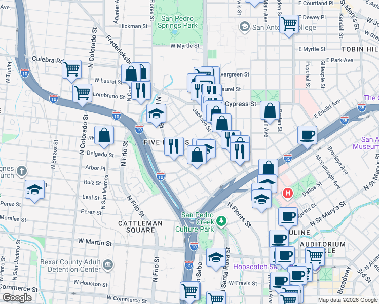 map of restaurants, bars, coffee shops, grocery stores, and more near 404 Warren Street in San Antonio