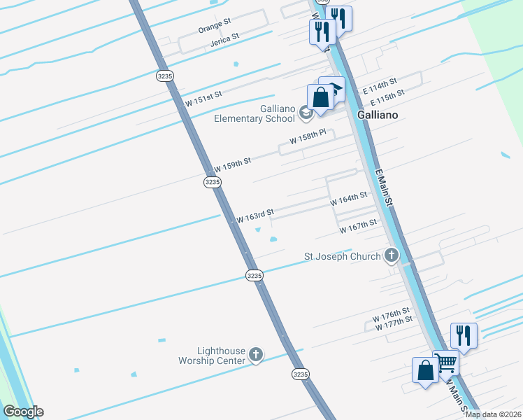 map of restaurants, bars, coffee shops, grocery stores, and more near 160 Rosa Villa Lane in Galliano