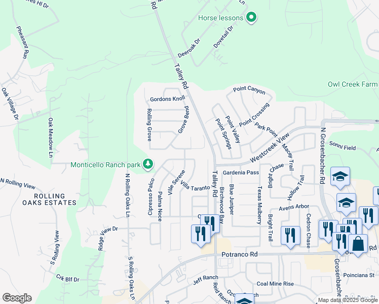 map of restaurants, bars, coffee shops, grocery stores, and more near 12822 Gordons Haven in San Antonio