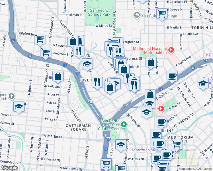 map of restaurants, bars, coffee shops, grocery stores, and more near 404 Warren Street in San Antonio