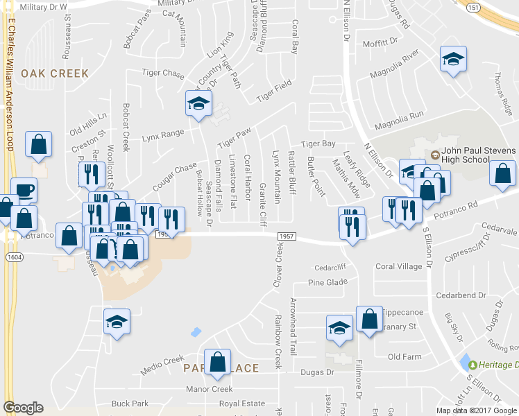 map of restaurants, bars, coffee shops, grocery stores, and more near 535 Granite Cliff in San Antonio