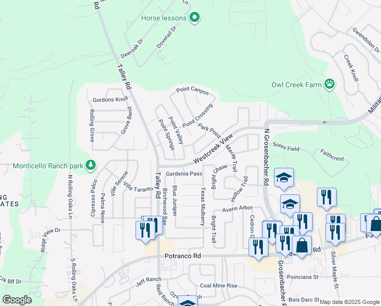 map of restaurants, bars, coffee shops, grocery stores, and more near 423 Point Rise in San Antonio
