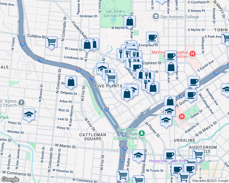 map of restaurants, bars, coffee shops, grocery stores, and more near in San Antonio