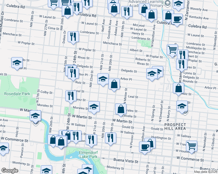 map of restaurants, bars, coffee shops, grocery stores, and more near 2215 Leal Street in San Antonio