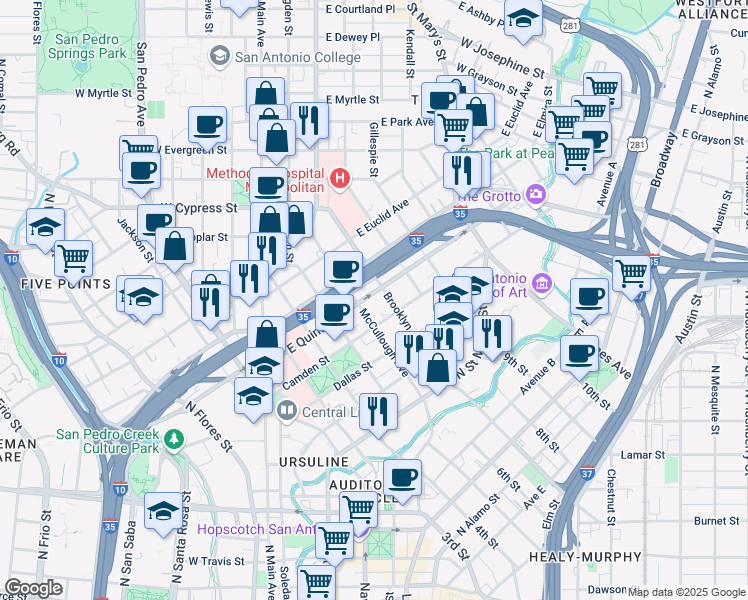 map of restaurants, bars, coffee shops, grocery stores, and more near 507 East Quincy Street in San Antonio