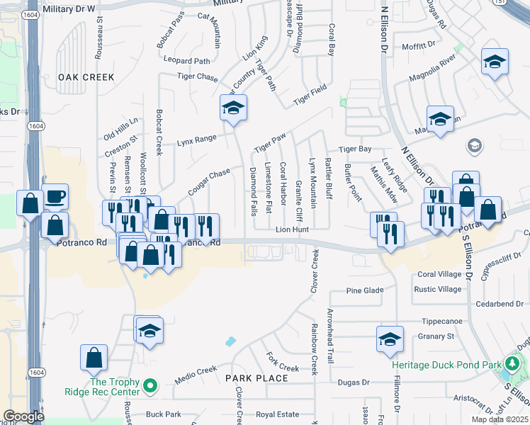 map of restaurants, bars, coffee shops, grocery stores, and more near 538 Limestone Flat in San Antonio