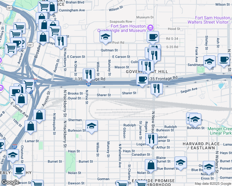 map of restaurants, bars, coffee shops, grocery stores, and more near 1922 Interstate 35 in San Antonio