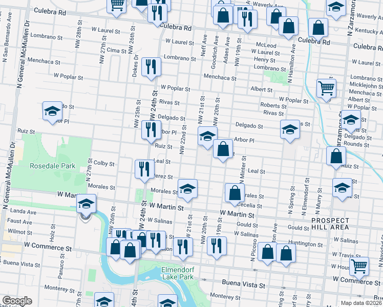 map of restaurants, bars, coffee shops, grocery stores, and more near 2311 Ruiz Street in San Antonio