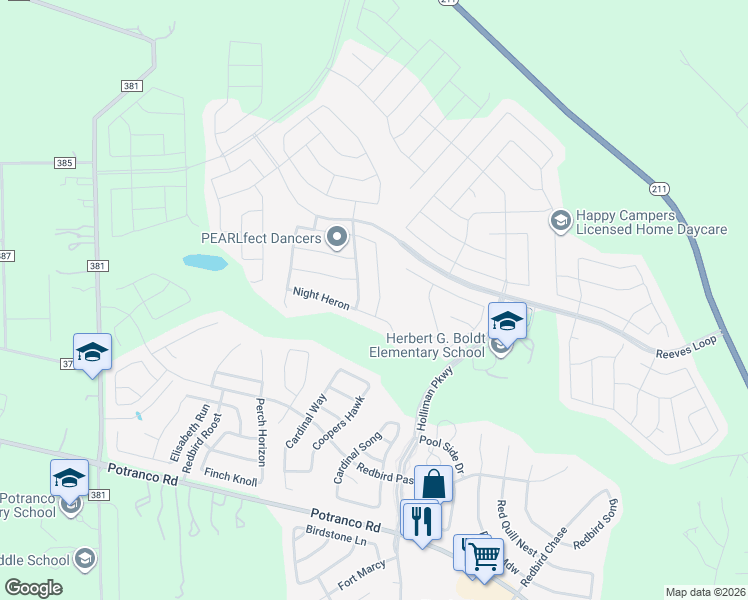 map of restaurants, bars, coffee shops, grocery stores, and more near 426 Eastern Phoebe in San Antonio