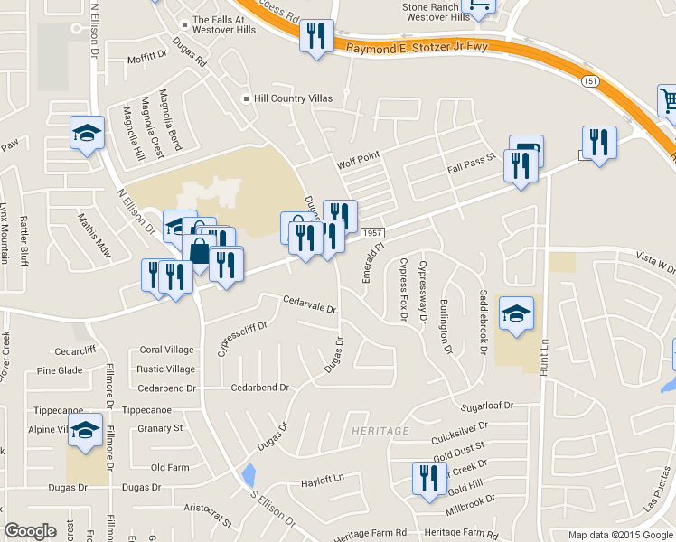 map of restaurants, bars, coffee shops, grocery stores, and more near 8848 Dugas Drive in San Antonio