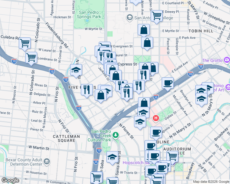map of restaurants, bars, coffee shops, grocery stores, and more near 421 Jackson Street in San Antonio