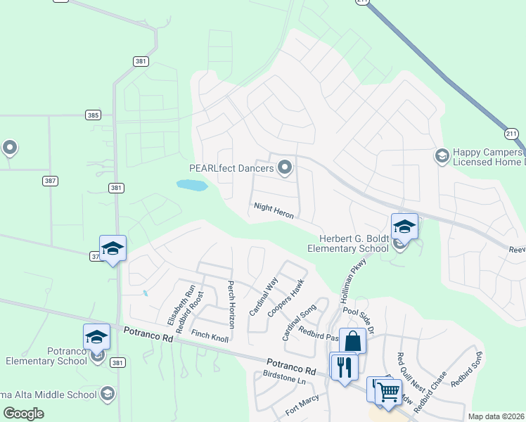 map of restaurants, bars, coffee shops, grocery stores, and more near 15555 Night Heron in San Antonio