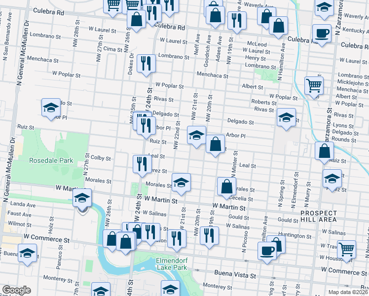 map of restaurants, bars, coffee shops, grocery stores, and more near 2311 Ruiz Street in San Antonio