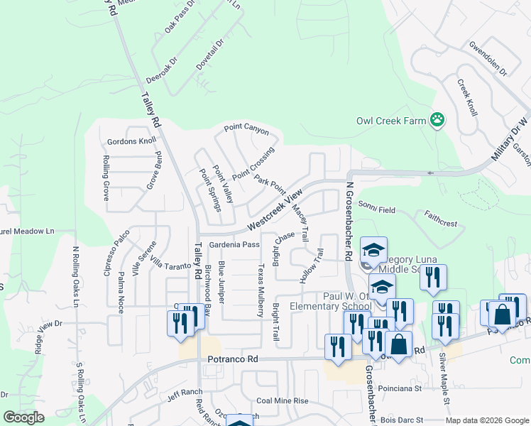 map of restaurants, bars, coffee shops, grocery stores, and more near 12626 Point Summit in San Antonio