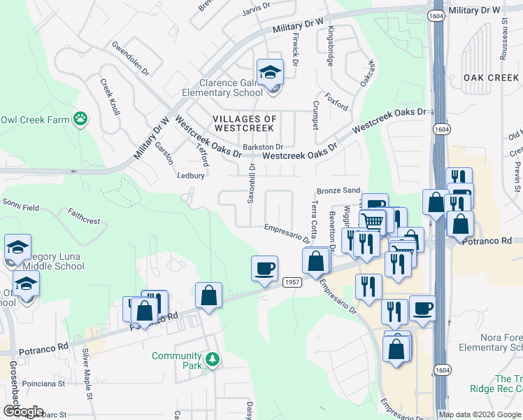 map of restaurants, bars, coffee shops, grocery stores, and more near 926 Saxonhill Drive in San Antonio