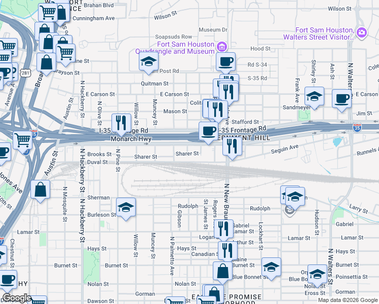 map of restaurants, bars, coffee shops, grocery stores, and more near 1950 North PanAm Expressway in San Antonio