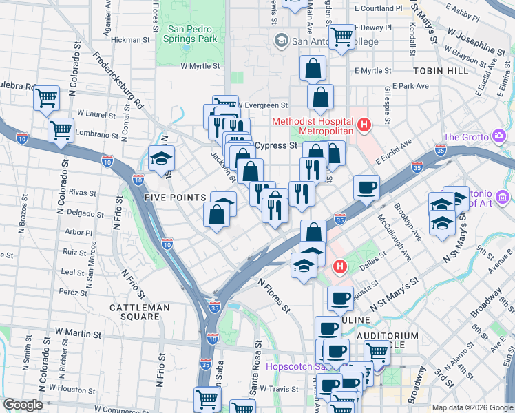 map of restaurants, bars, coffee shops, grocery stores, and more near 425 San Pedro Avenue in San Antonio