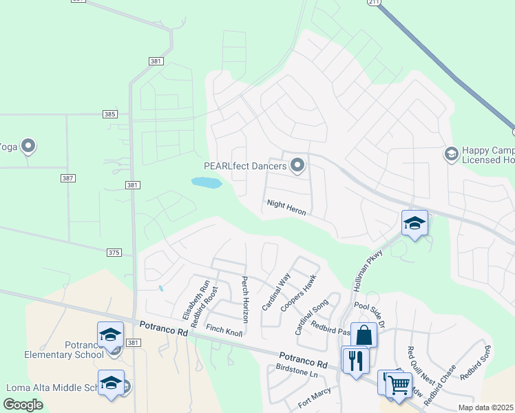 map of restaurants, bars, coffee shops, grocery stores, and more near 419 Fly Catcher in San Antonio