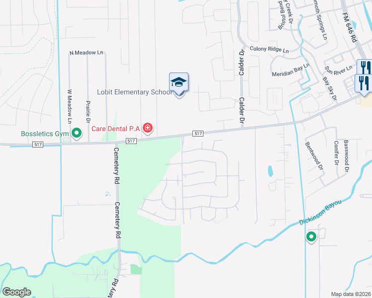map of restaurants, bars, coffee shops, grocery stores, and more near 1761 North Meridian Greens Drive in Dickinson
