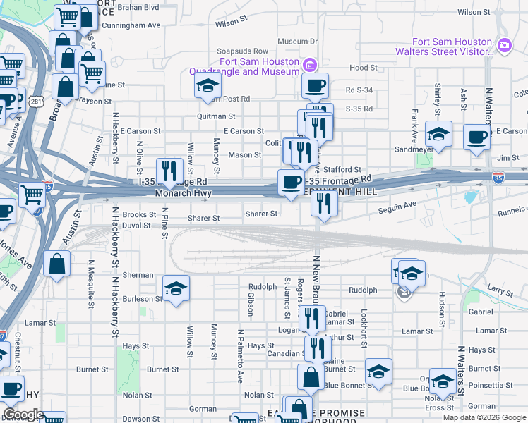 map of restaurants, bars, coffee shops, grocery stores, and more near 1950 North PanAm Expressway in San Antonio