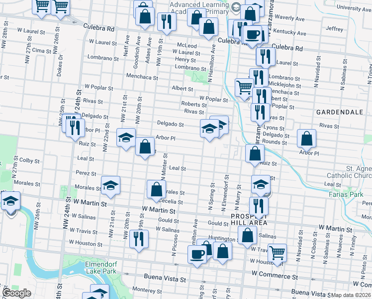 map of restaurants, bars, coffee shops, grocery stores, and more near 746 Camada Street in San Antonio