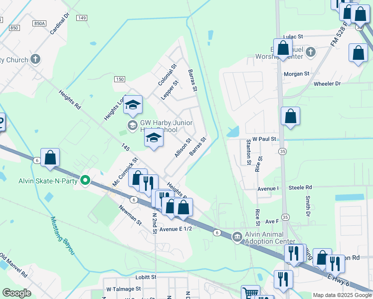 map of restaurants, bars, coffee shops, grocery stores, and more near 1502 Allison Street in Alvin