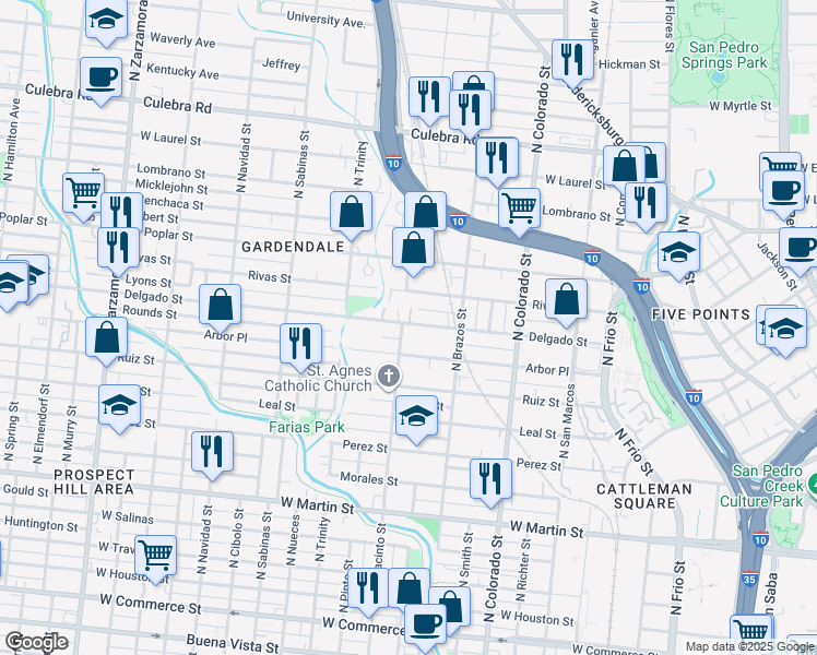 map of restaurants, bars, coffee shops, grocery stores, and more near 647 Delgado Street in San Antonio