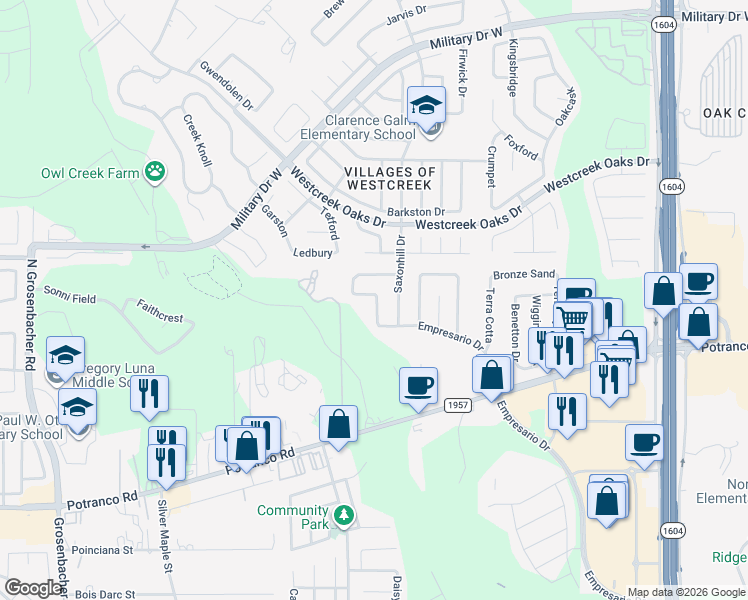 map of restaurants, bars, coffee shops, grocery stores, and more near 11710 Ripplewood in San Antonio