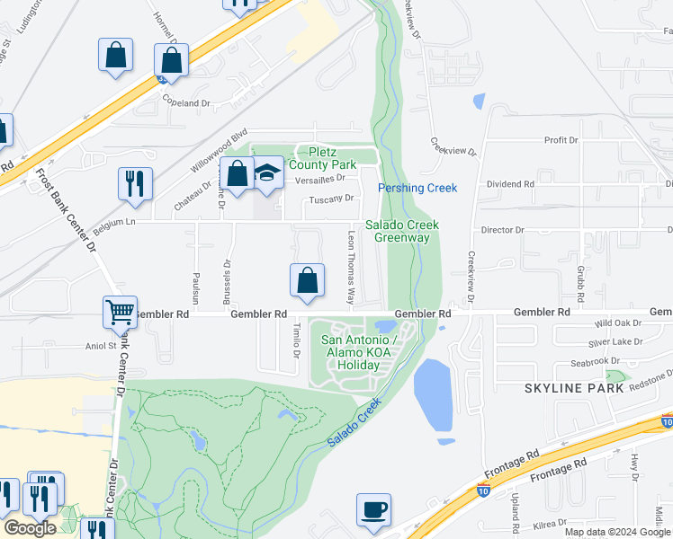 map of restaurants, bars, coffee shops, grocery stores, and more near 3 Kono Road in San Antonio