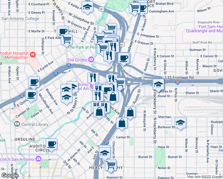 map of restaurants, bars, coffee shops, grocery stores, and more near 1221 Broadway in San Antonio