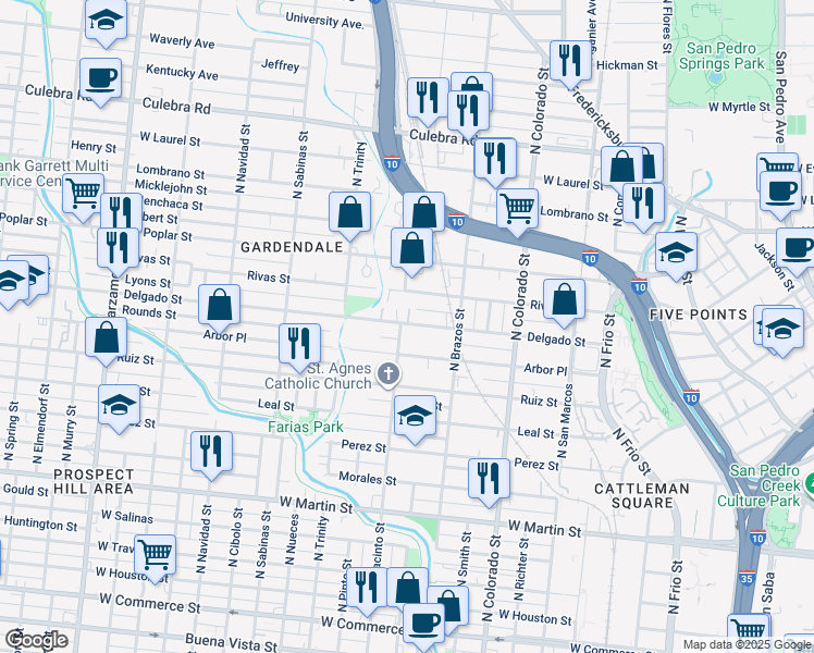 map of restaurants, bars, coffee shops, grocery stores, and more near 647 Delgado Street in San Antonio