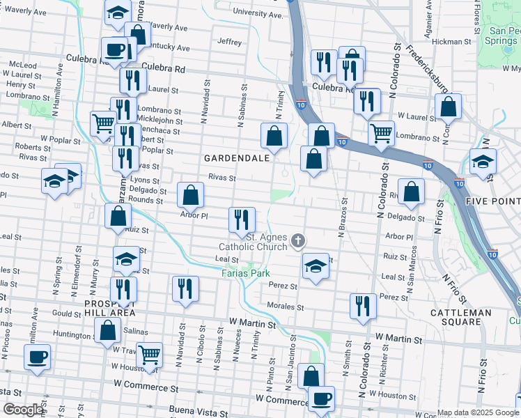 map of restaurants, bars, coffee shops, grocery stores, and more near 806 Delgado Street in San Antonio