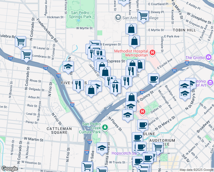 map of restaurants, bars, coffee shops, grocery stores, and more near 425 San Pedro Avenue in San Antonio