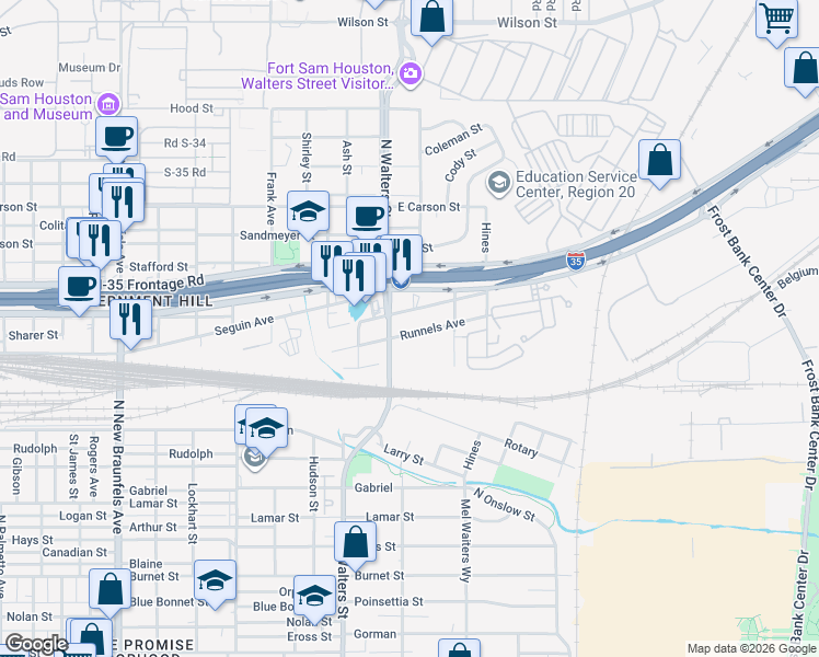 map of restaurants, bars, coffee shops, grocery stores, and more near 523 Runnels Avenue in San Antonio