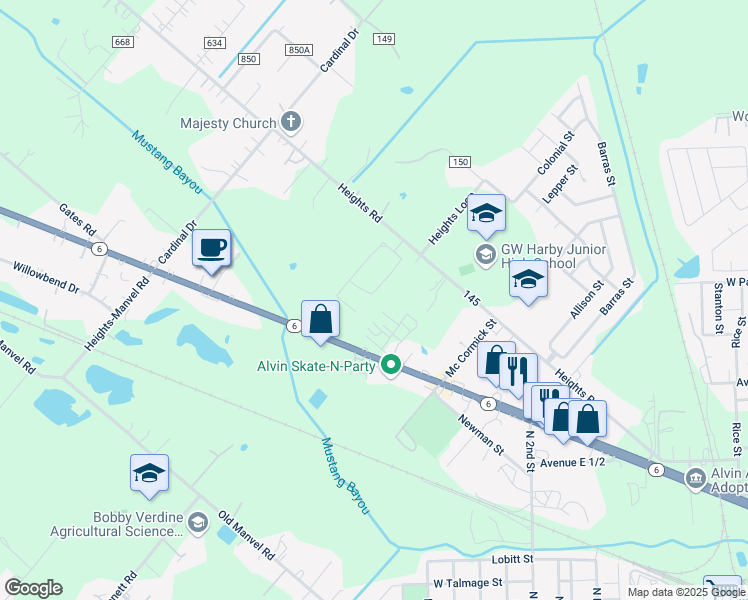 map of restaurants, bars, coffee shops, grocery stores, and more near 1671 Morgan Trail Drive in Alvin