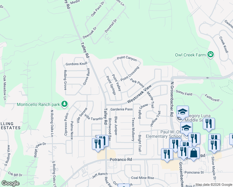 map of restaurants, bars, coffee shops, grocery stores, and more near 522 Point Springs in San Antonio
