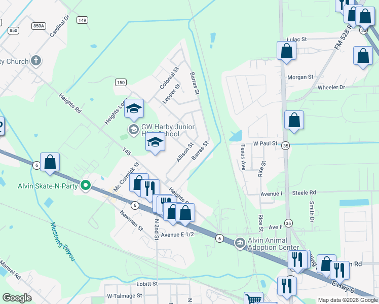 map of restaurants, bars, coffee shops, grocery stores, and more near 1504 Allison Street in Alvin
