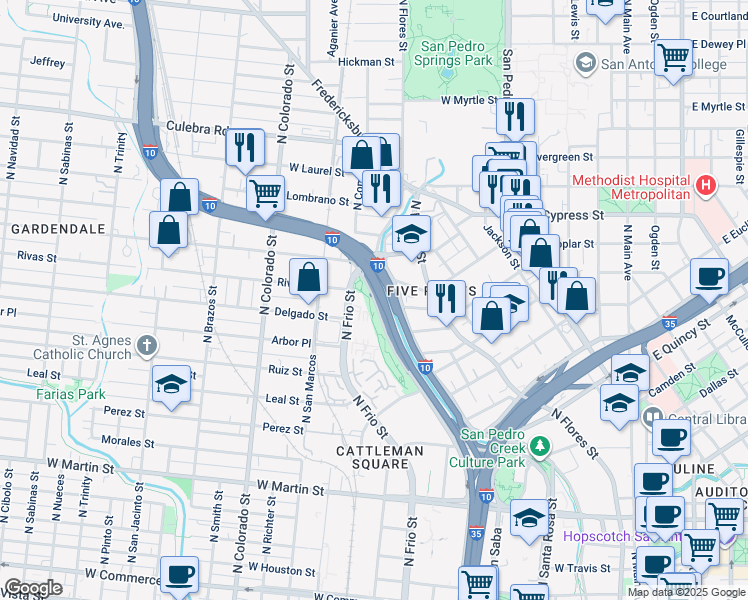 map of restaurants, bars, coffee shops, grocery stores, and more near 1395 South Pecos Street in San Antonio