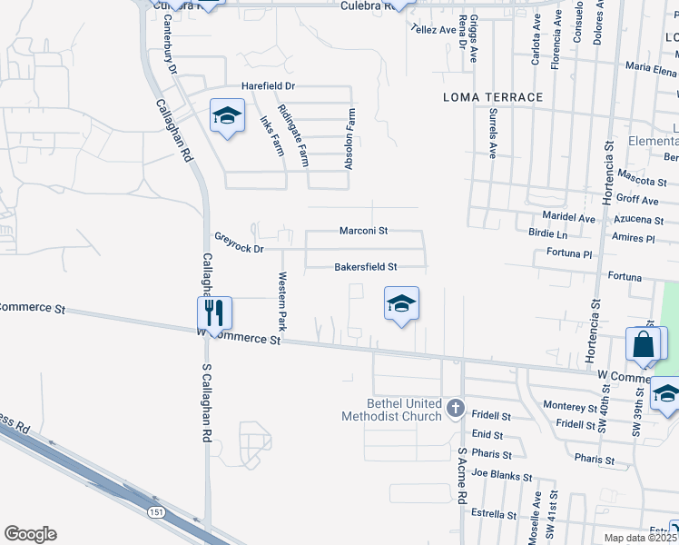 map of restaurants, bars, coffee shops, grocery stores, and more near 5410 Bakersfield Street in San Antonio