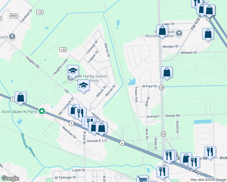 map of restaurants, bars, coffee shops, grocery stores, and more near 1442 Barras Street in Alvin