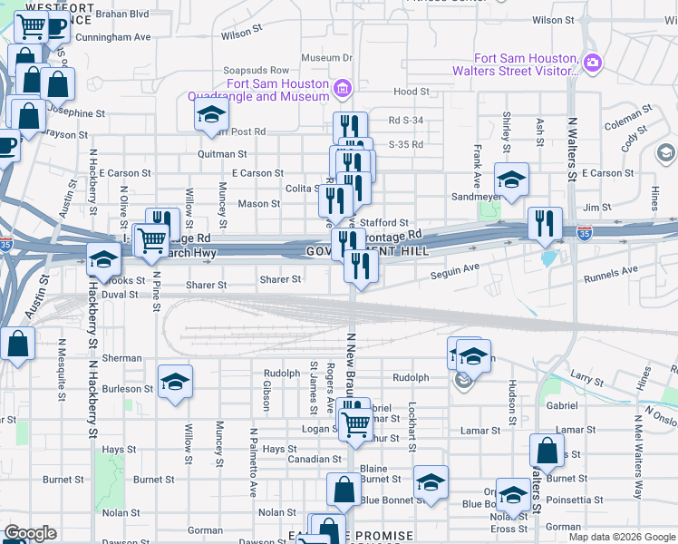 map of restaurants, bars, coffee shops, grocery stores, and more near in San Antonio