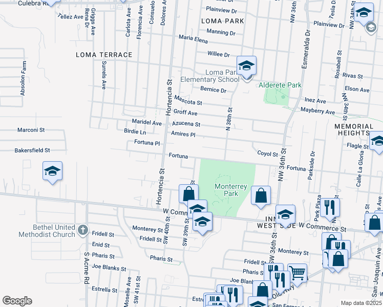 map of restaurants, bars, coffee shops, grocery stores, and more near 4615 Fortuna Street in San Antonio