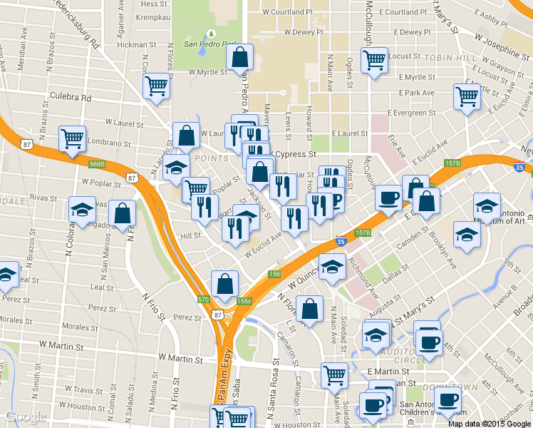map of restaurants, bars, coffee shops, grocery stores, and more near Jackson St & Marshall St in San Antonio