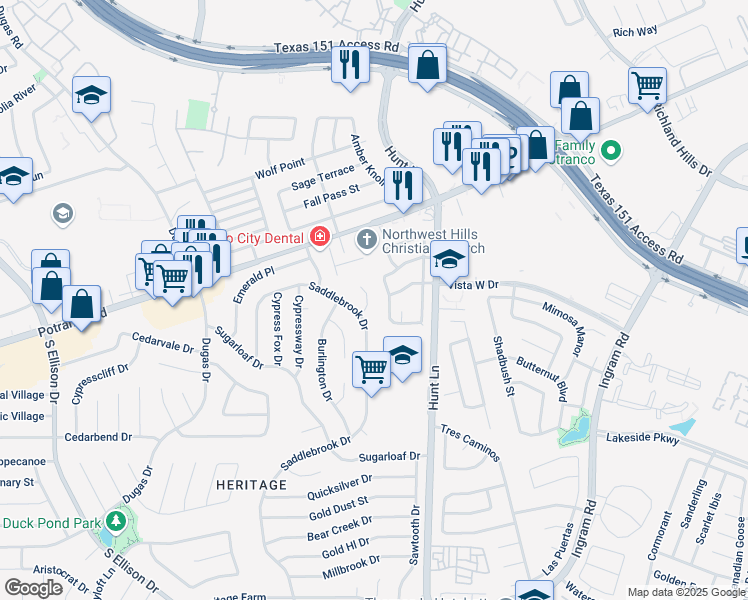 map of restaurants, bars, coffee shops, grocery stores, and more near 218 Canoga Park Drive in San Antonio