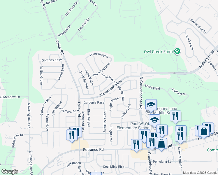 map of restaurants, bars, coffee shops, grocery stores, and more near 12626 Point Summit in San Antonio