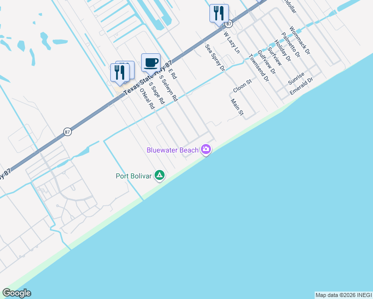 map of restaurants, bars, coffee shops, grocery stores, and more near 1110 Gulfview Road in Bolivar Peninsula